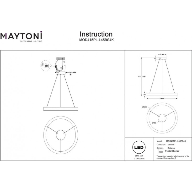 Saturno LED Maytoni: Złota lampa wisząca, 60cm - Sklep Lamp