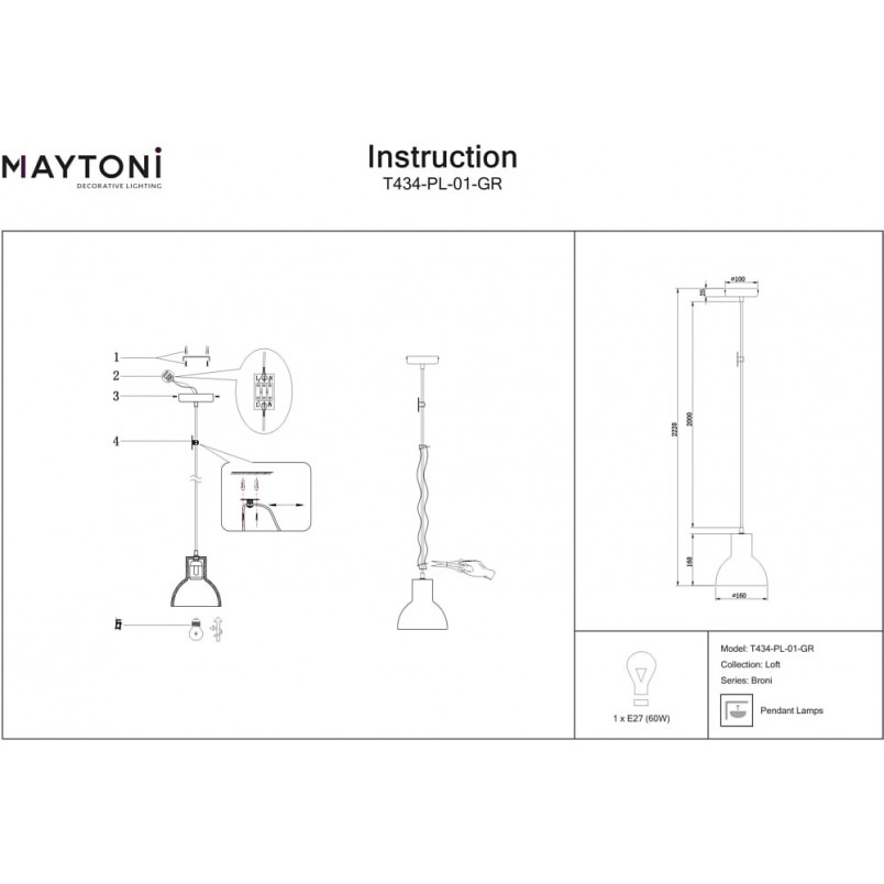 Lampa wisząca betonowa Broni szara Maytoni | Loftowa