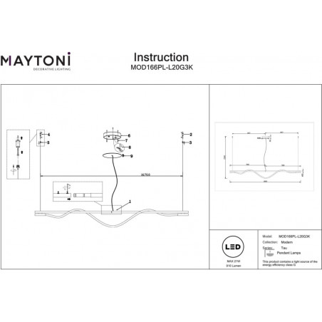 Lampa wisząca Maytoni Tau LED złota 180cm - Nowoczesny design