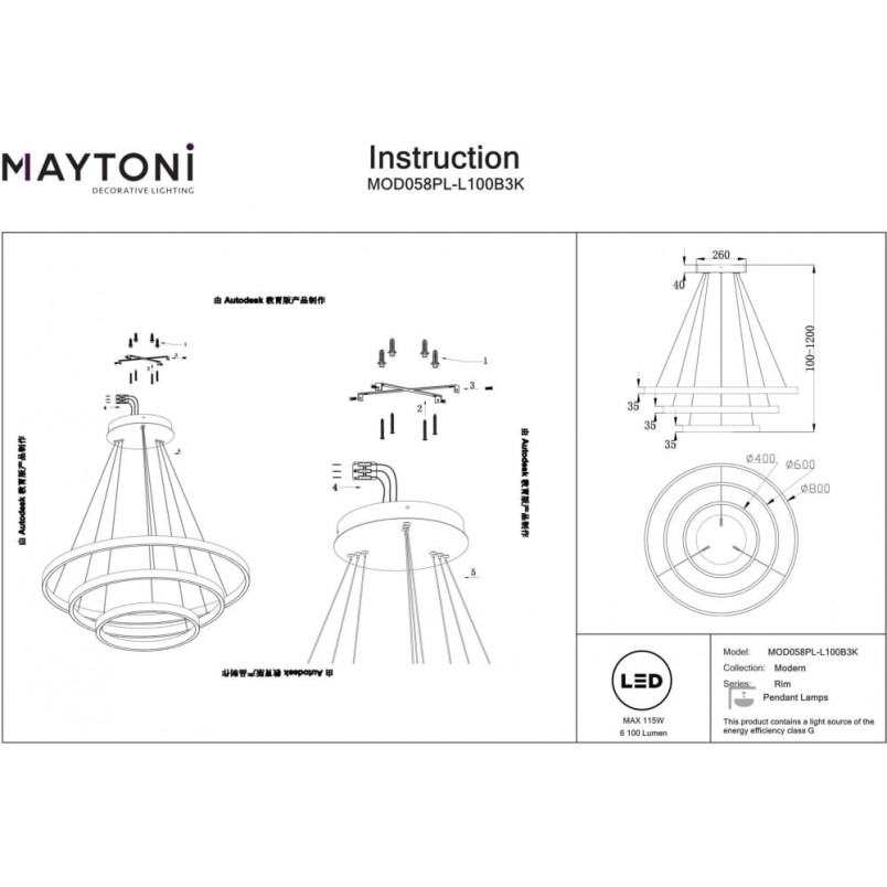 Lampa wisząca Rim LED czarna Maytoni | Nowoczesny design