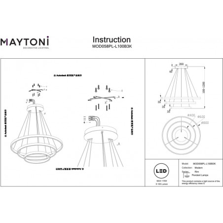 Lampa wisząca Rim LED czarna Maytoni | Nowoczesny design