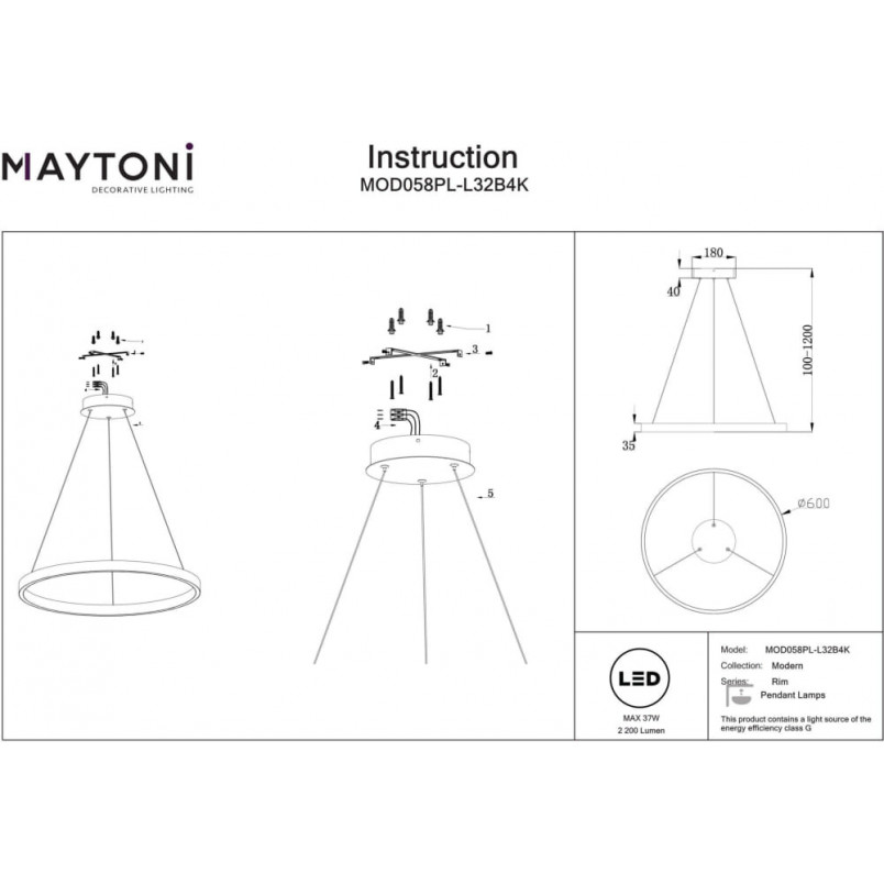 Lampa wisząca Rim LED czarna Maytoni | Nowoczesny design