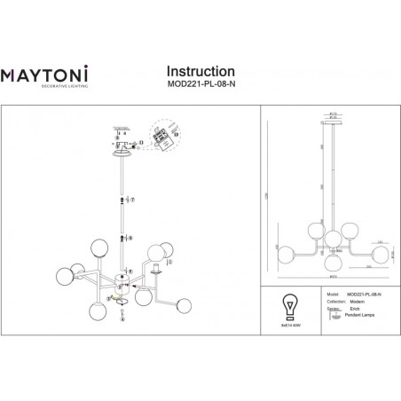 Lampa wisząca Erich Maytoni | 8 szklanych kul, biały/nikiel
