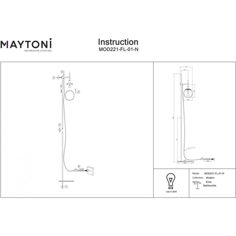 Lampa podłogowa Erich - szklana kula, biały klosz | Maytoni