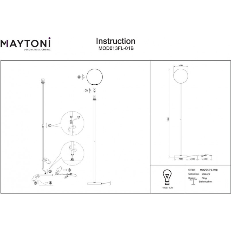 Lampa podłogowa kula szklana Ring | Maytoni - Elegancki design