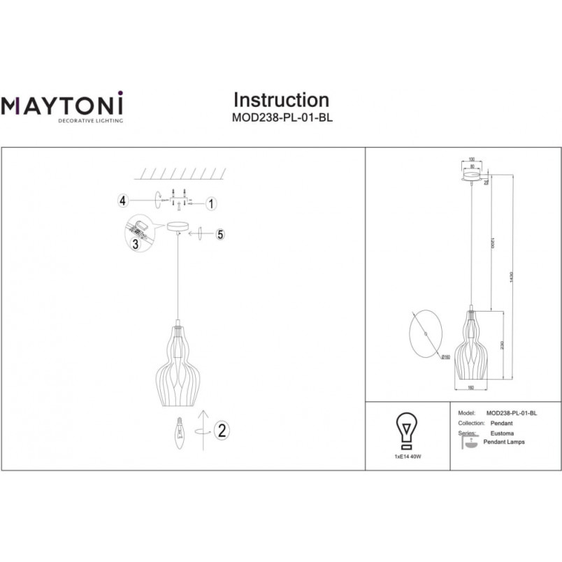 Lampa wisząca niebieska Eustoma Maytoni - Szkło, Retro