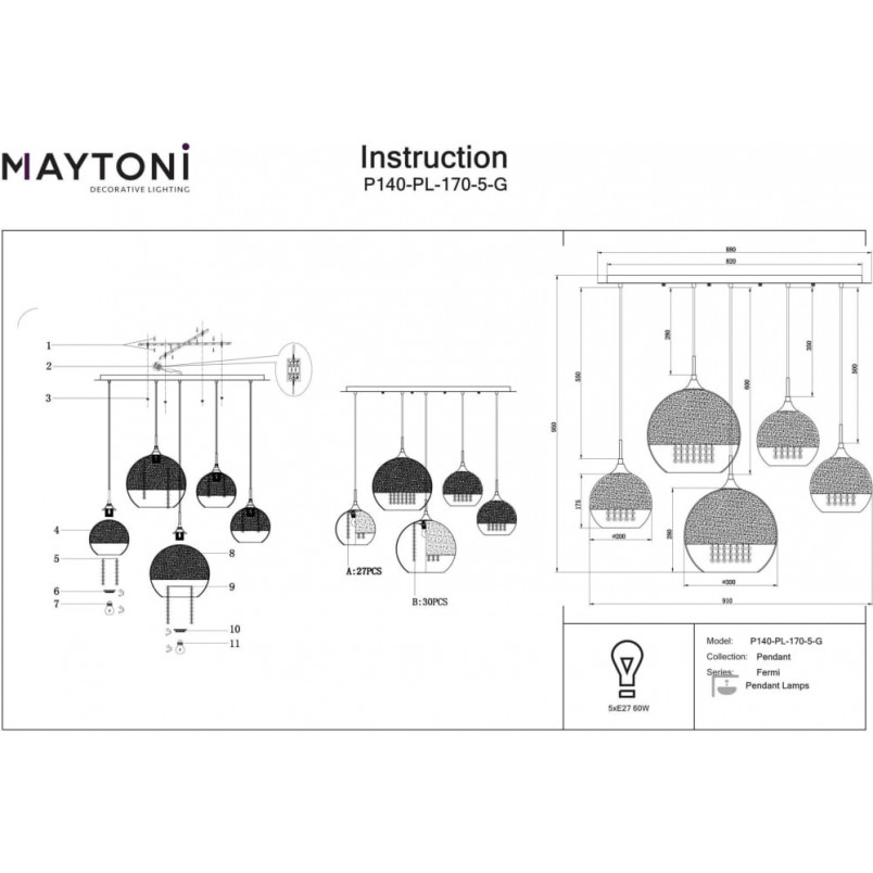 Lampa wisząca Maytoni Fermi V: Złote kule z kryształkami | Ekskluzywny design