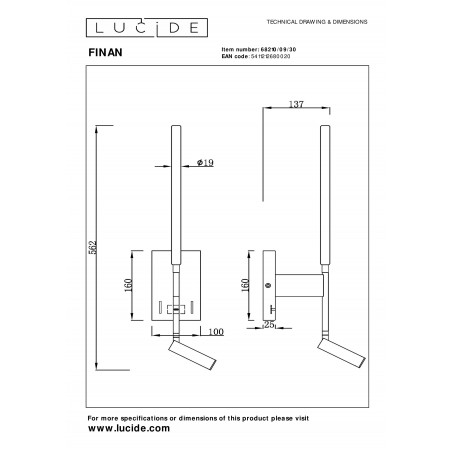 Kinkiet Finan LED Lucide | Czytanie + USB | Czarny