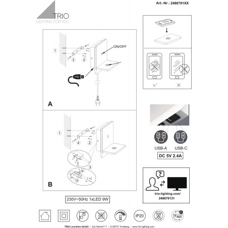 Kinkiet Fairfield LED Trio | Nowoczesny, USB, Indukcja