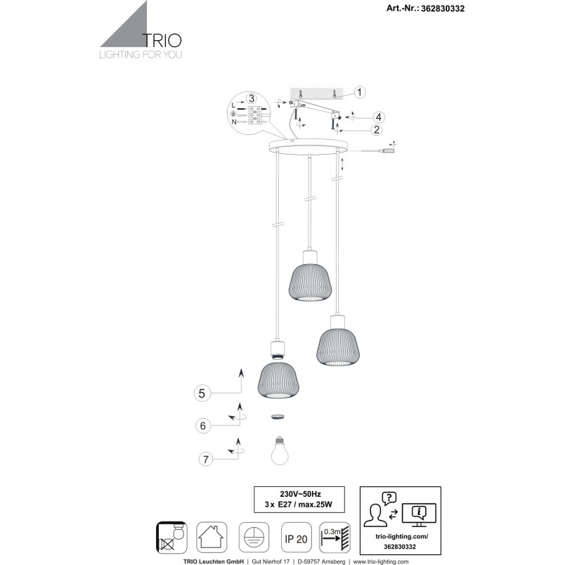Lampa wisząca Trio Tarifa III - Szklany klosz, Loft, E27