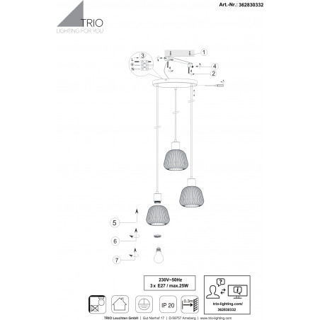 Lampa wisząca Trio Tarifa III - Szklany klosz, Loft, E27