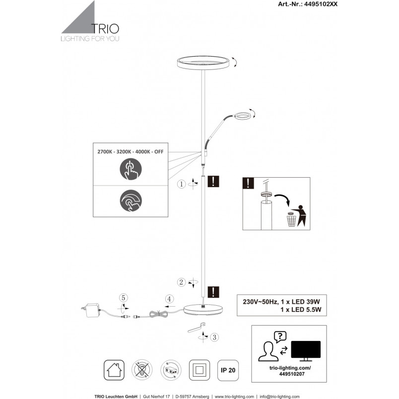 Lampa podłogowa złota Trio Willis LED | Regulacja światła