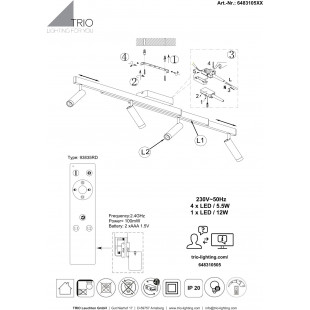Reflektor sufitowy LED Trio Zeno IV - 133cm, pilot, ściemniacz