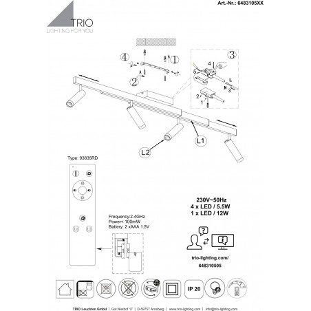 Reflektor sufitowy LED Trio Zeno IV - Pilot, Ściemniacz | 133cm