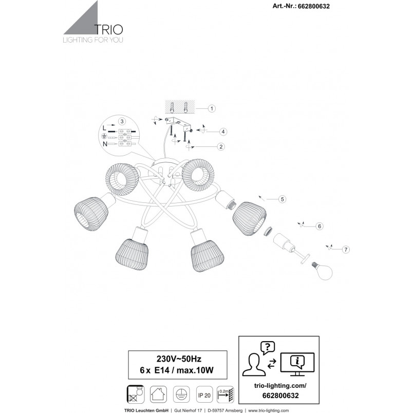 Plafon szklany Trio Tarifa 59cm | Loftowy design, szary/czarny