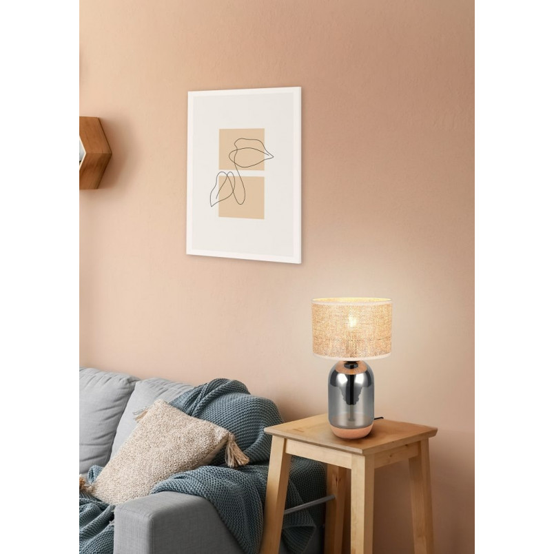 Lampa stołowa Tara Trio - chrom, szklana podstawa, pleciony klosz