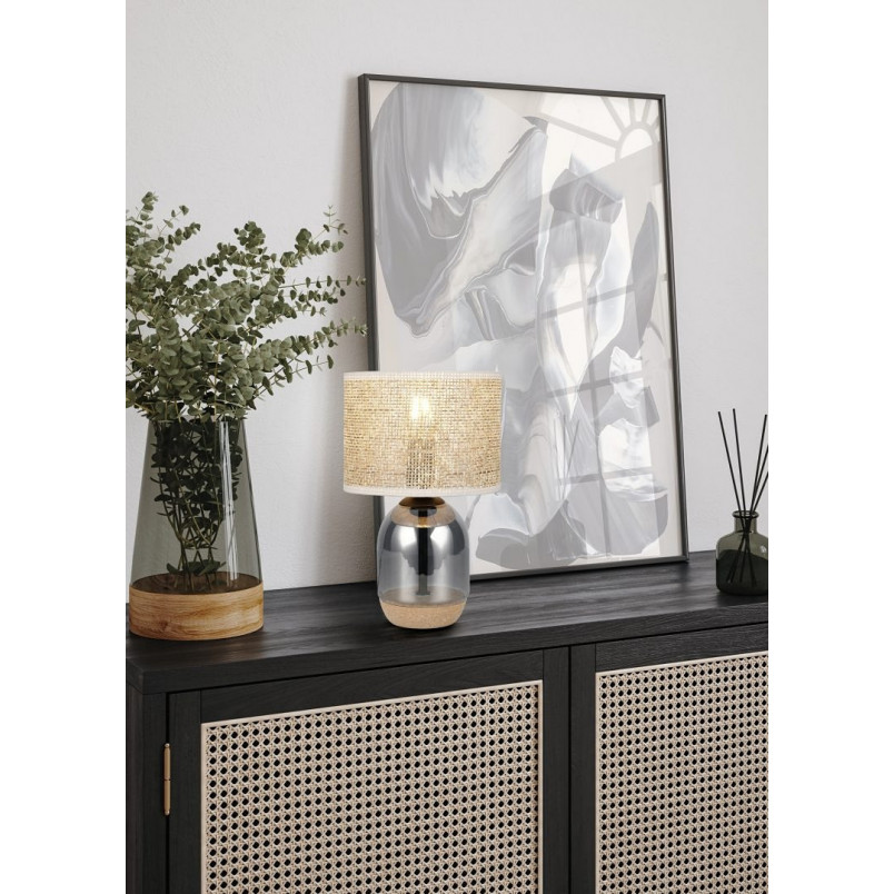 Lampa stołowa Tara Trio - chrom, drewno, szklana podstawa