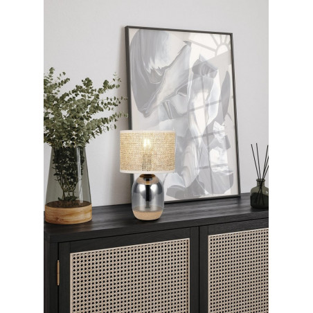 Lampa stołowa Tara Trio - chrom, drewno, szklana podstawa