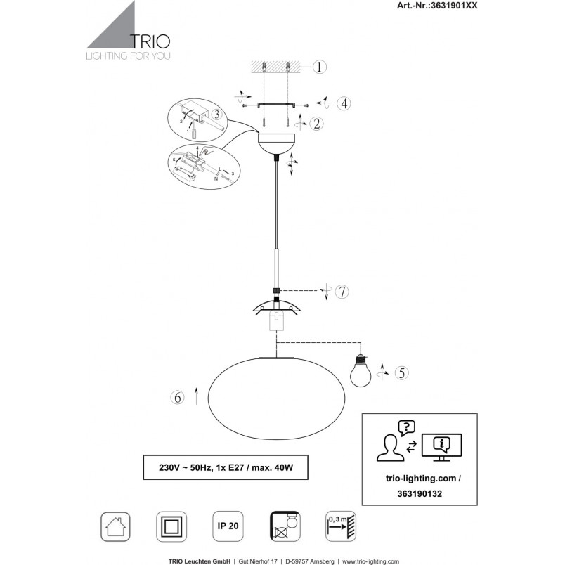 Lampa wisząca Trio Fomento: Szklana kula, biały/czarny - Kup teraz!