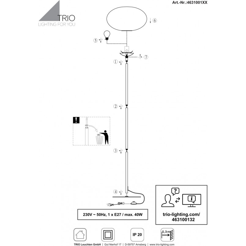 Lampa podłogowa Trio Fomento: Szklana kula, biały/czarny - Kup teraz!