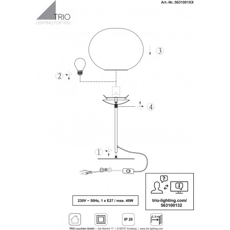 Lampa stołowa Trio Fomento - szklana kula, biały/czarny | Kup teraz!