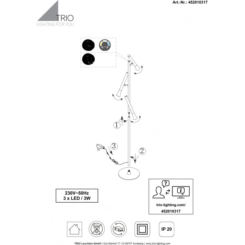Lampa podłogowa Trio 3-punktowa LED | Ściemniacz, 150cm