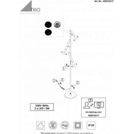 Lampa podłogowa Trio 3-punktowa LED | Ściemniacz, 150cm