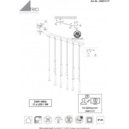 Lampa wisząca LED Trio - Regulacja koloru | 115cm
