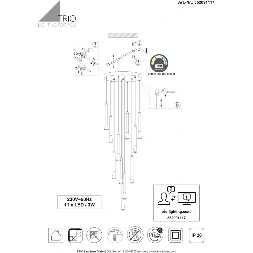 Lampa wisząca Trio LED - Kolorowa, Regulowana, 40cm