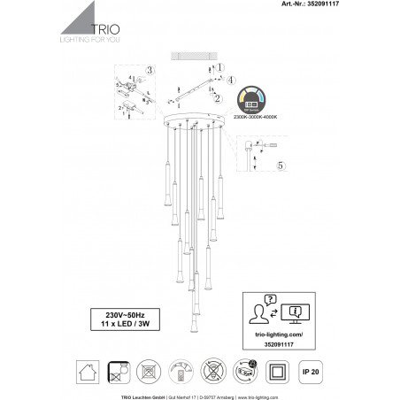 Lampa wisząca Trio LED - Kolorowa, Regulowana, 40cm