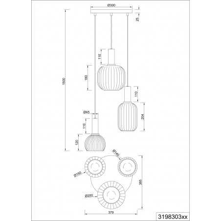 Lampa wisząca Trio Diva III - Szklana, 3-punktowa, Biały/Mosiądz