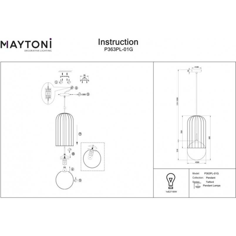 Lampa wisząca Telford Maytoni: Błyszcząca kula, złoto i szkło