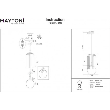 Lampa wisząca Telford Maytoni: Błyszcząca kula, złoto i szkło