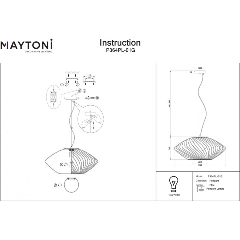 Lampa wisząca Plec Maytoni | Złota, szklana, E27 - Kup teraz!
