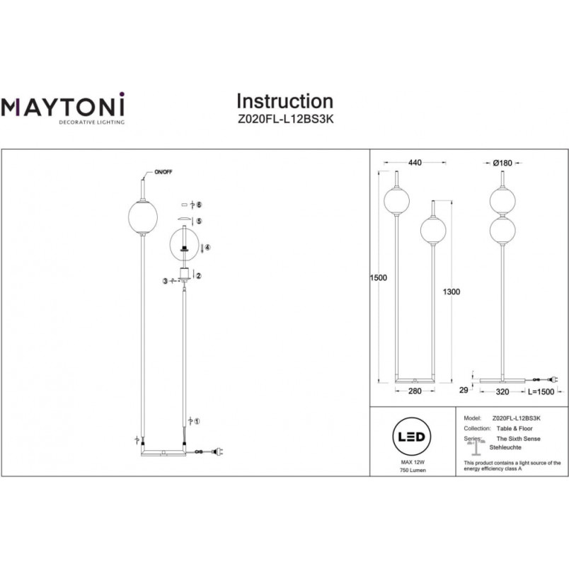 Lampa podłogowa Maytoni The Sixth Sense - Szkło, Biały/Mosiądz | Kup Teraz