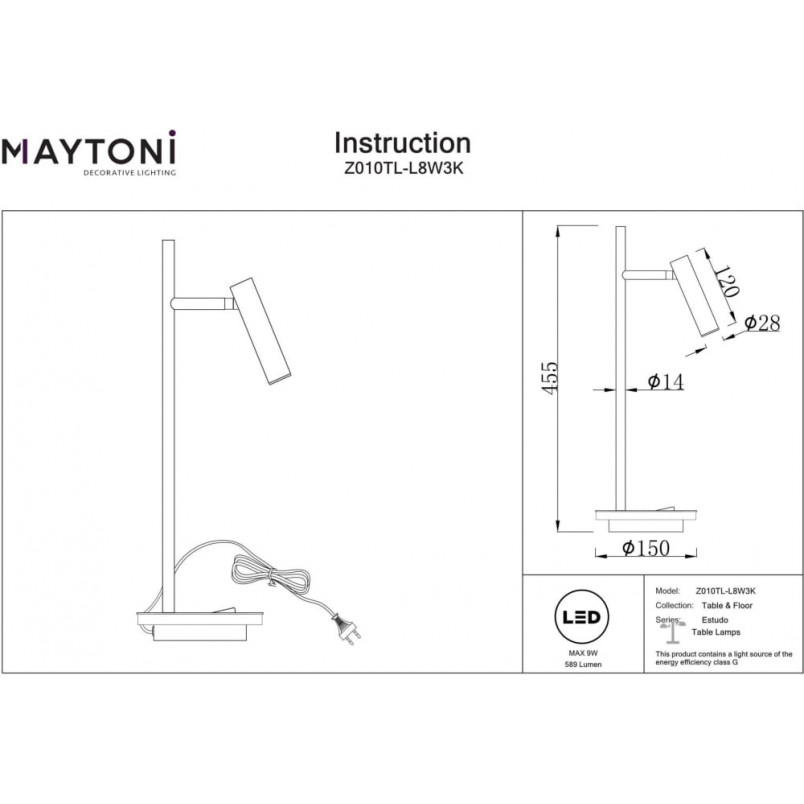Lampa biurkowa Estudo LED biała Maytoni | Nowoczesny design