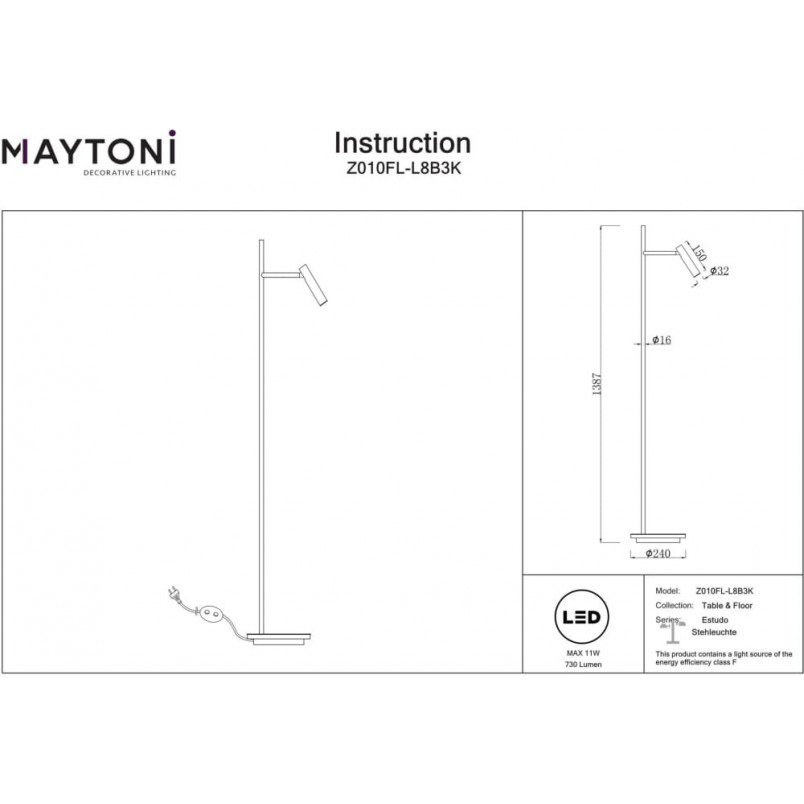 Lampa podłogowa Estudo LED czarna - Maytoni | Minimalistyczny design