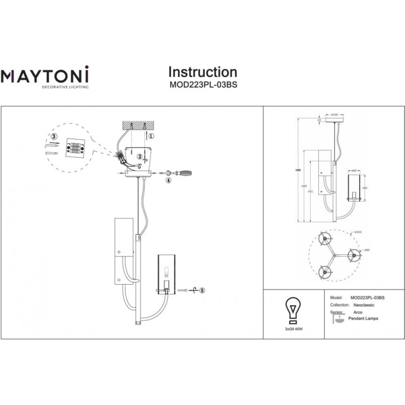 Lampa wisząca Hampton Arco III Maytoni | Szkło, Mosiądz