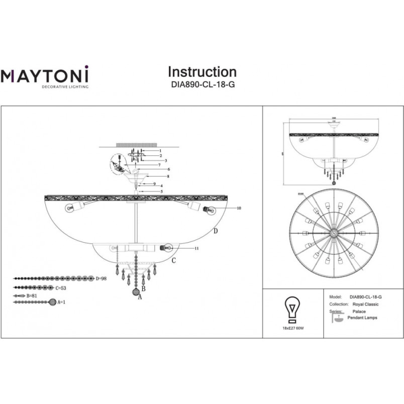 Plafon kryształowy Palace | Złoty Maytoni 100cm - Luksus i Blask