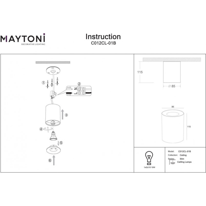 Lampa spot tuba Slim czarna Maytoni | Downlight GU10