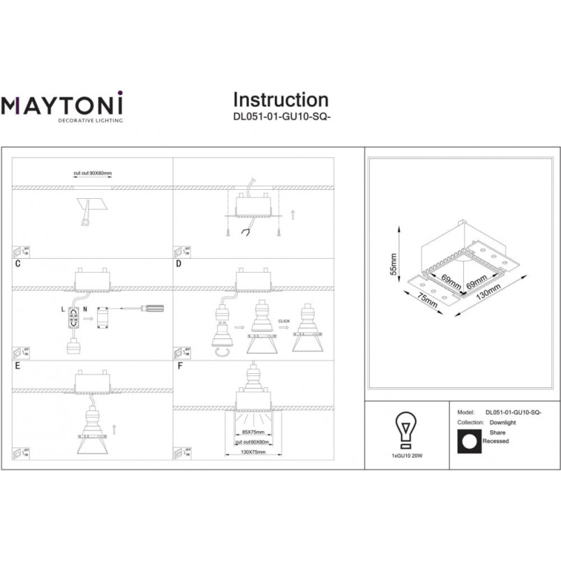 Lampa podtynkowa Share Square Maytoni | Złota, regulowana GU10