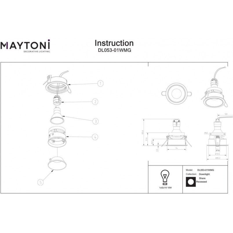 Lampa podtynkowa Share Ring 8,5cm złoto-biała Maytoni | Downlight GU10