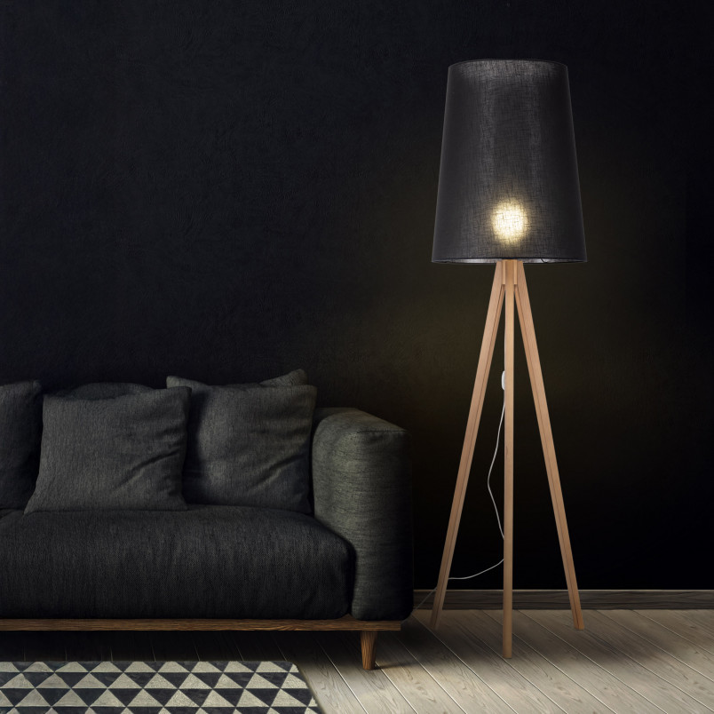 Lampa podłogowa czarna na trójnogu drewnianym | TK Lighting