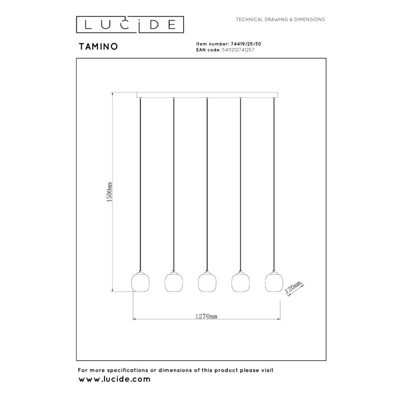 Lampa wisząca Tamino LED - Lucide | Szkło dymione, 5 punktów