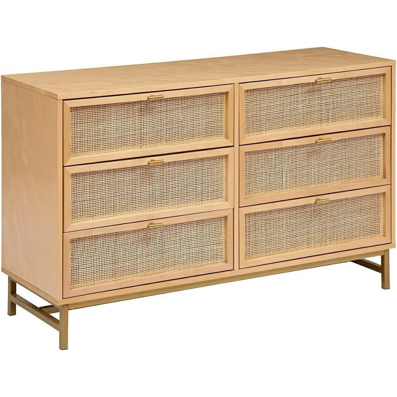 Komoda z rattanem Rayo 120 cm 6 szuflad złota | Decolab24.pl