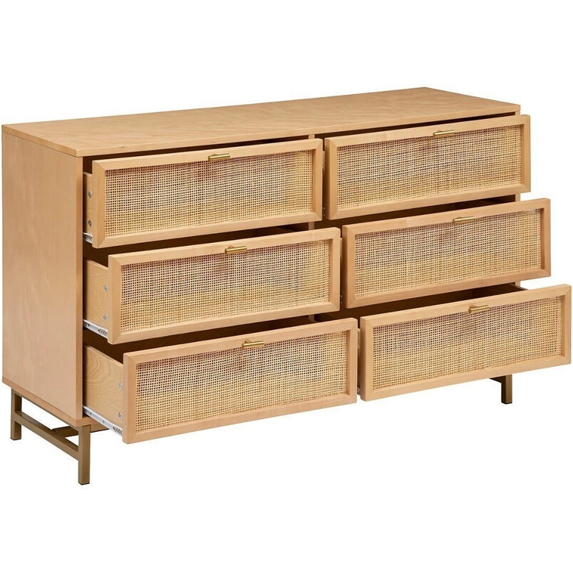 Komoda z rattanem Rayo 120 cm 6 szuflad złota | Decolab24.pl