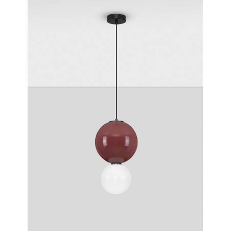 Lampa wisząca Senio: Szklana kula z porcelaną, biało-bordowa | Decolab24