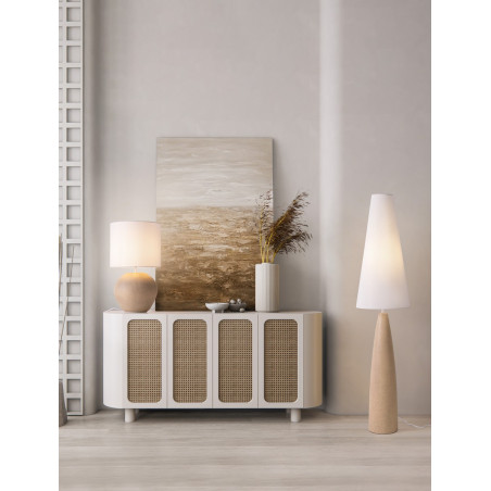 Lampa stojąca Japandi Mizuo | Biało-beżowa, gips, tkanina