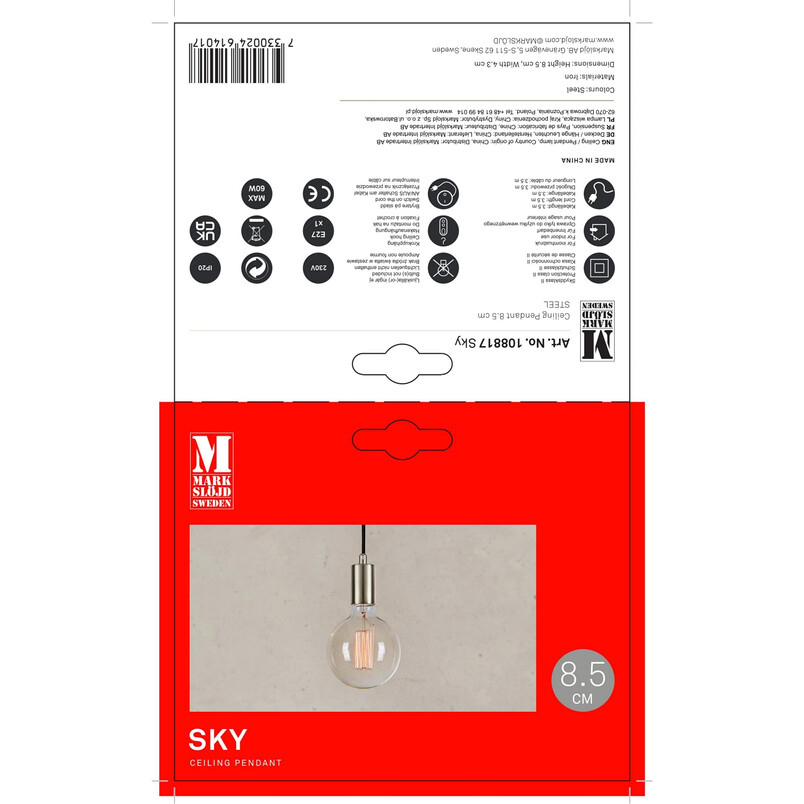 Lampa wisząca Sky Markslojd - Stalowa, E27 | Sklep z lampami