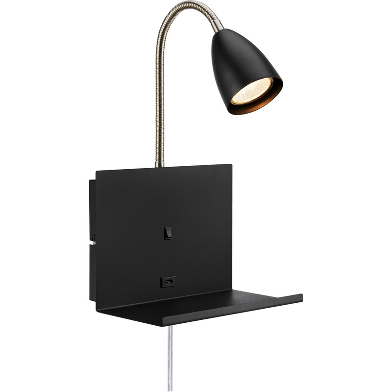 Kinkiet Cuarto czarny Markslojd z półką i USB - Oświetlenie LED
